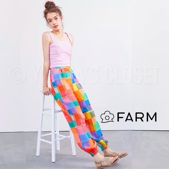 Anthropologie Farm Rio LG Pants Women's Rainbow Checkered Woven Jogger Pants NWT - Picture 2 of 7